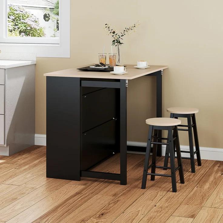 Bartisch mit Barhocker Set, 3-teiliges Bartisch Set, Esstisch mit Klappbarer Tischplatte, Küchentisch mit Schrank, Essgruppe für Esszimmer, Wohnzimmer, Schwarz--Schwarz--116x70x89.5cm--YOUDENOVA – Bild 2
