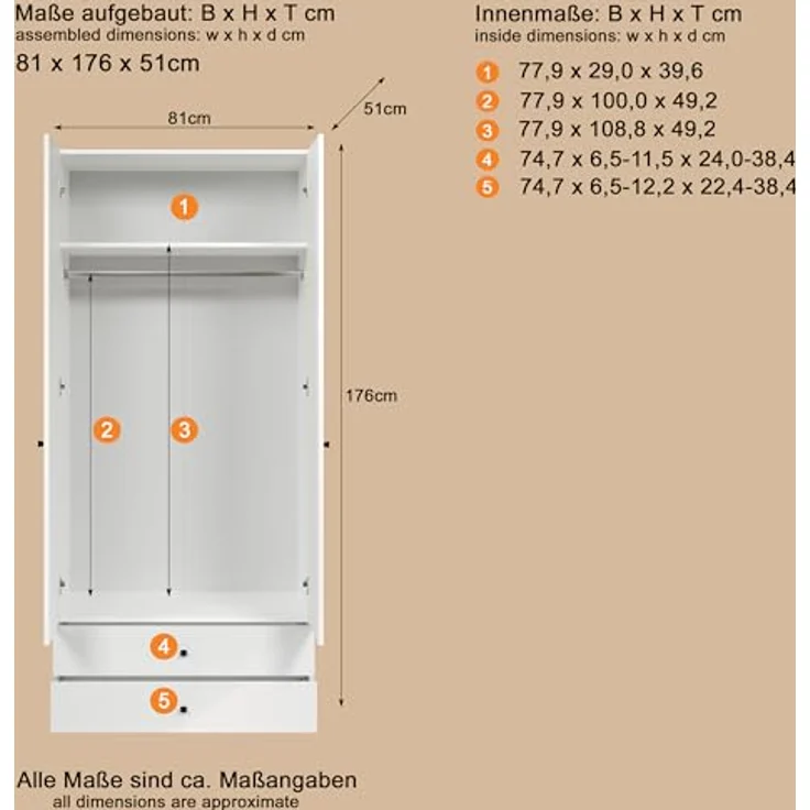 trendteam smart living - Basics - Kleiderschrank - Weiß - Garderobenschrank mit 2 Türen, 1 Hutablage, 1 Kleiderstange und 2 Schubladen - (BxHxT) 81 x 176 x 51 cm - Moderner Stil – Bild 4