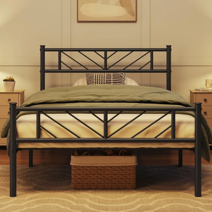 Yaheetech Metallbett, Bettgestell mit Kopfteil und Lattenrost, Einzelbett/Gästebett, 32 cm Stauraum unter dem Bett, bis 204 kg, Schwarz, 90 x 190 cm