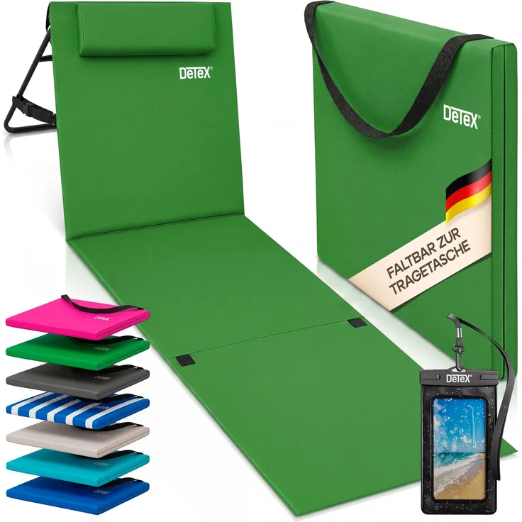 DETEX® Sonnenliege Gepolstert mit Rückenlehne inkl. Handyhülle Grün
