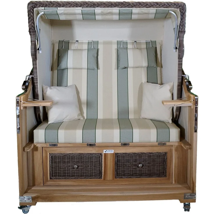 Strandkorb Teak XL grün / beige 2½ Sitzer Voll-Liegemodell – Bild 3