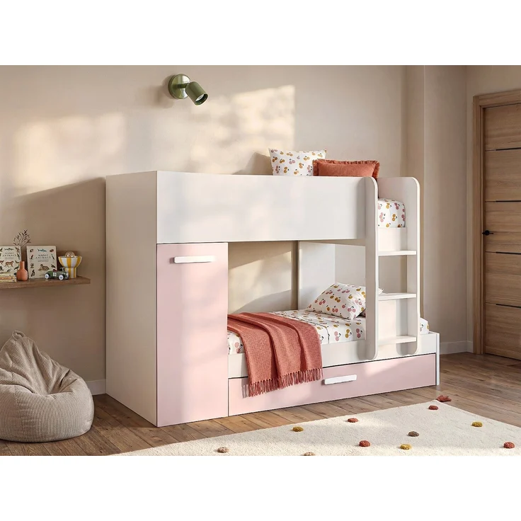 Vente-unique - Kombi-Bett 90 x 200 cm mit Stauraum & Schreibtisch + Lattenrost + Matratze - Holzfarben & Rosa - RIGALI – Bild 2