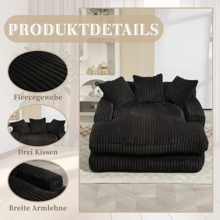 Chaiselongue Cord Sessel Indoor 125x155 cm Lounge-Sofa Relax-Sessel mit Kissen für Wohnzimmer Schlafzimmer,schwarz – Bild 5