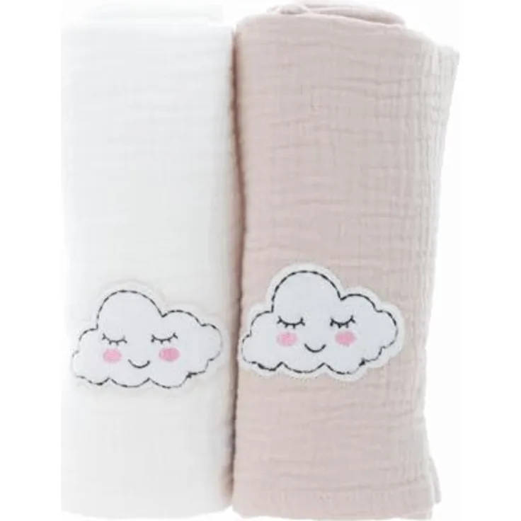 PARSA Beauty Baby Mulltücher, 2er-Set Musselin in Beige & Weiß mit Wölkchen, hautschonend und atmungsaktiv