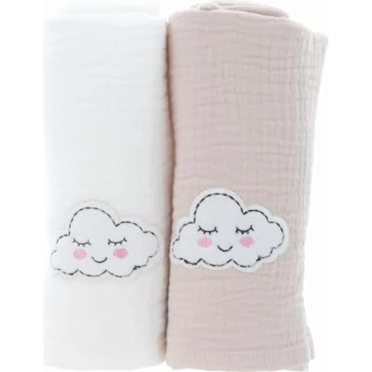 PARSA Beauty Baby Mulltücher, 2er-Set Musselin in Beige & Weiß mit Wölkchen, hautschonend und atmungsaktiv – Bild 1