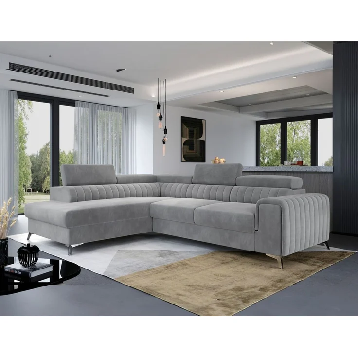 Ecksofa mit Schlaffunktion Sofa ELENI Stoff Monolith Hellgrau Ottomane Links – Bild 1
