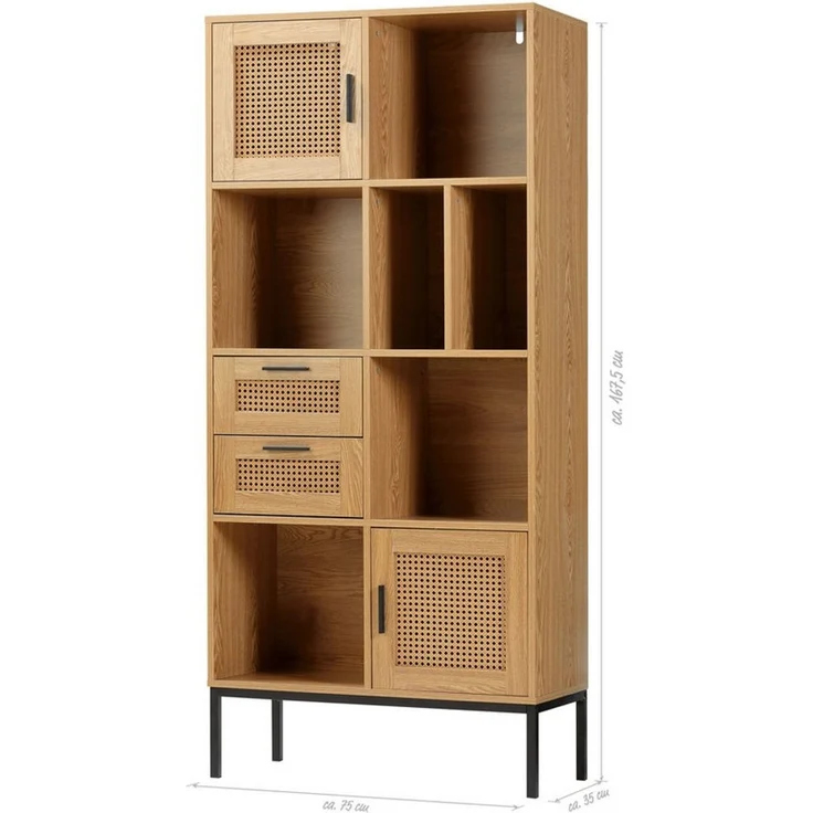kamelshopping Standregal Wohnregal in Rattan-Optik mit 2 Türen, 2 Schubladen und 6 Fächer, Wohnzimmer-Regal aus Metall / MDF-Holz, stehend, 75 x 167,5 x 35 cm – Bild 3