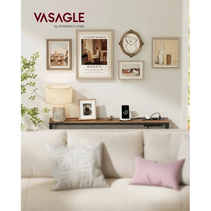 VASAGLE Konsolentisch mit Ladestation, schmaler Sofatisch, Flurtisch, 15 x 100 x 80 cm, mit Haken, einfache Montage, für Flur, Wohnzimmer, vintagebraun-tintenschwarz – Bild 2