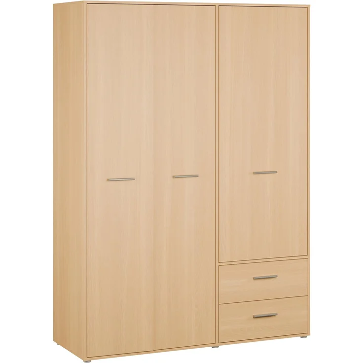 Forte MOKKARIS Kleiderschrank 140 150, Zeitloser Drehtürenschrank, 3-türig, 2 Schubladen, alufarbene Griffe, Holzwerkstoff, Icon Eiche Holzdekor, 144,4 cm breit x 200,1 cm hoch x 52,7 cm tief