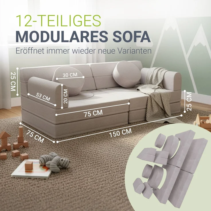 Juskys Kindersofa Kayo –Cord, modular & weich, Sofa für Kinderzimmer & Spielzimmer, sicher, flexibel, pflegeleicht, mit abnehmbaren Bezügen – Beige – Bild 5