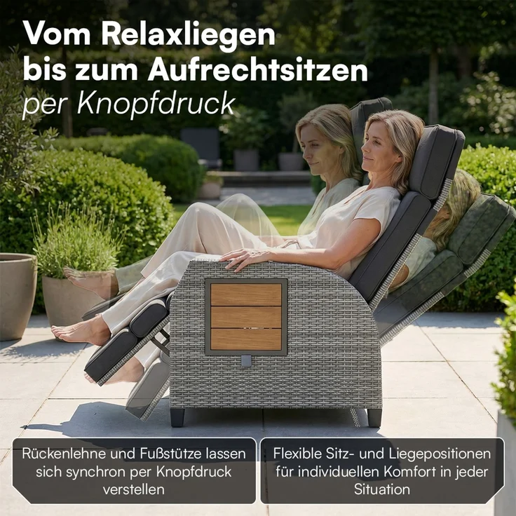 STEELSØN 'Caelum' Polyrattan Sessel mit Liegefunktion, grau-meliert/Akazie, verstellbare Rückenlehne, inkl. Polster, Ausklapptisch, wetterfest – Bild 2