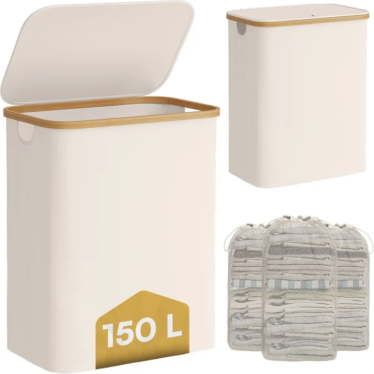Bellamio 'Tolt' Wäschesammler aus Stoff mit Bambus, mit Deckel, 150L, drei Fächer, mit herausnehmbaren und waschbarem Wäschesack, zusammenklappbar, beige