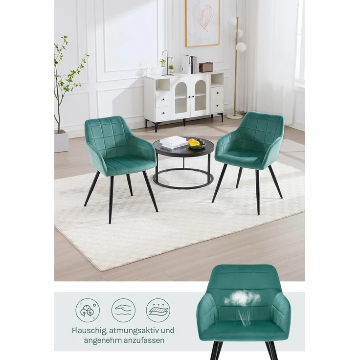 WOLTU 4 x Esszimmerstühle 4er Set Esszimmerstuhl Küchenstuhl Polsterstuhl Design Stuhl mit Armlehnen, mit Sitzfläche aus Samt, Gestell aus Metall, Türkis, BH93ts-4 – Bild 7