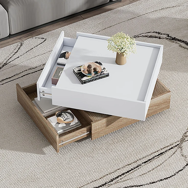 Merax Funktionaler Couchtisch für das Wohnzimmer, 360° drehbar, drehbare Tischplatte mit 2 Ablagen und Stauraum, Gestell Wohnzimmerbeistelltisch, 60*60*38 cm, weiß+walnuss – Bild 2