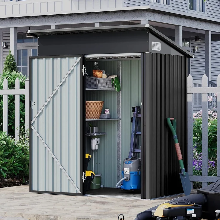 Aoxun Metall Gerätehaus mit Boden & 2 verstellbaren Einlegeböden, 150x91 x 185 cm, Outdoor-Schuppen, mit Lüftungsschlitz und Schiebetür, Werkzeugaufbewahrung, Fahrradschuppen, für Terrasse, Rasen, Schwarz – Bild 8