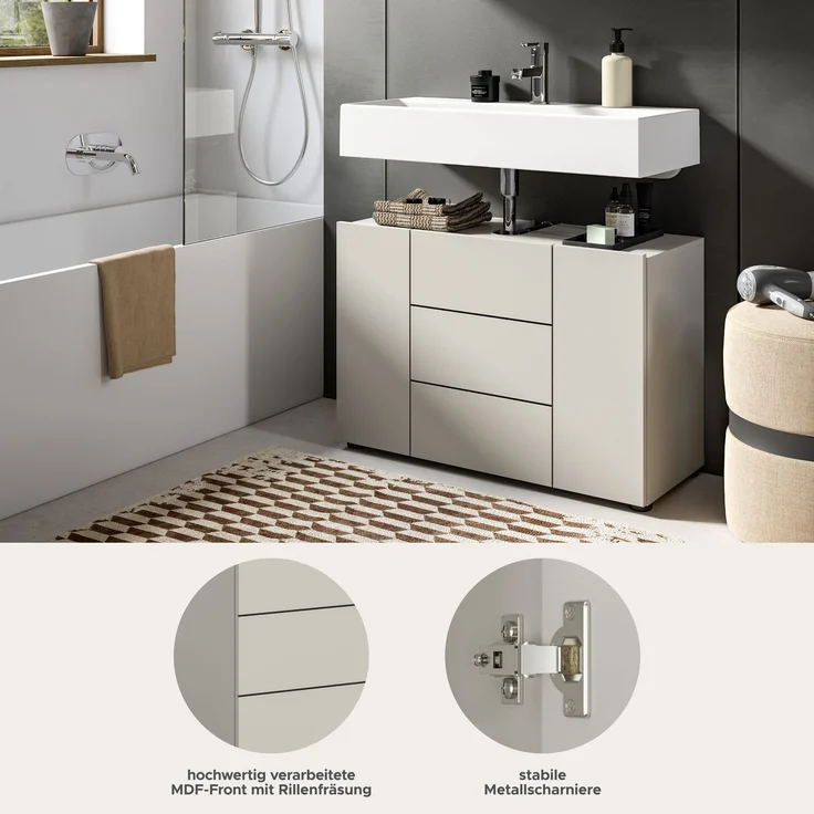 Waschbeckenunterschrank (B/H/T: 82x56x34 cm) in Kaschmir Nachbildung und schwarz – Bild 6
