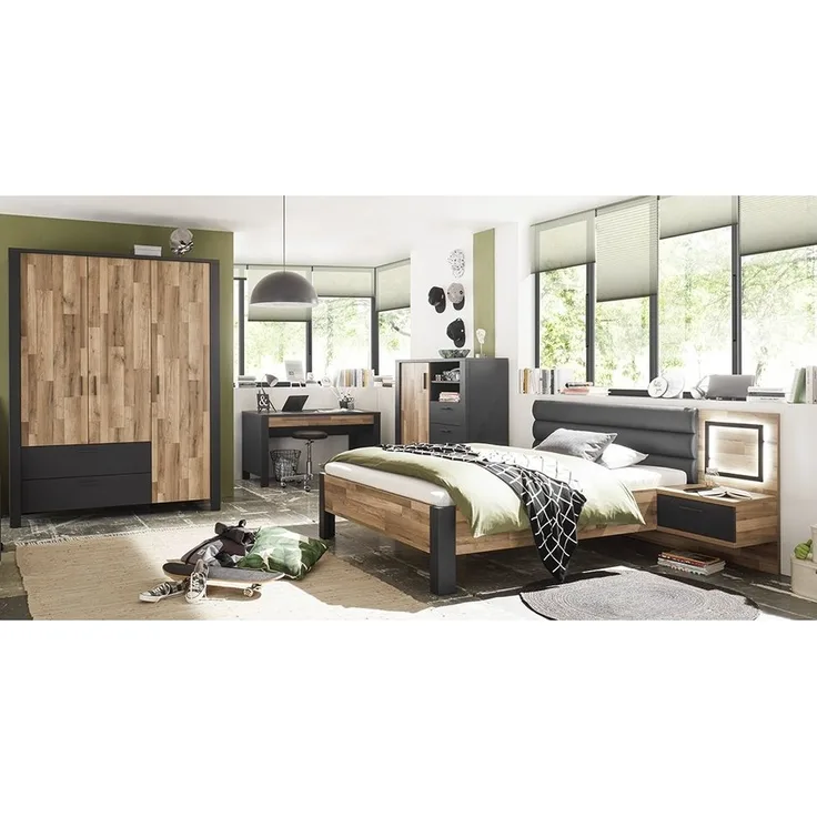 Lomadox Jugendzimmer-Set DARWIN-78, (Sparset, 5-tlg), mit Bett Liegefläche 140x200cm, Kleiderschrank mit 3 Türen Eiche, grau