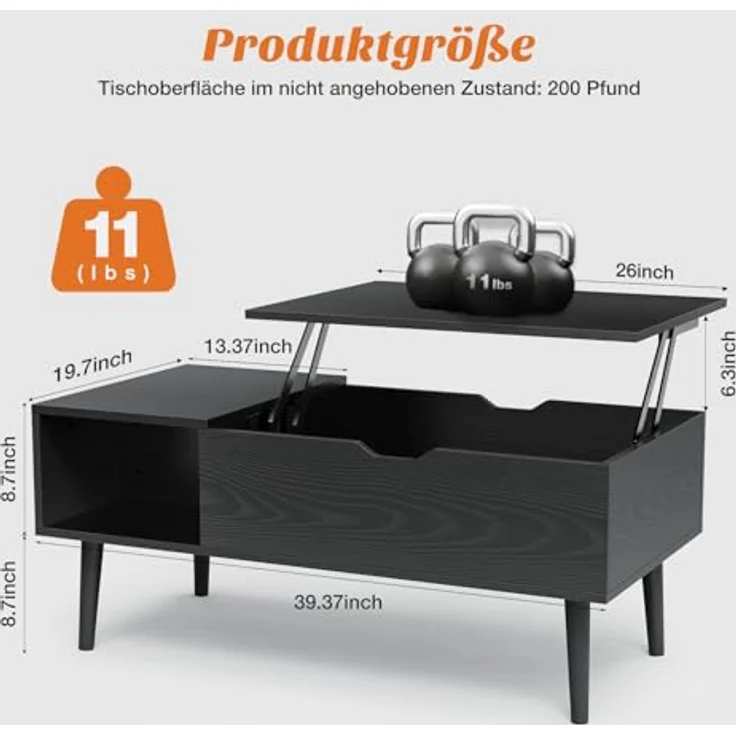 Sweetcrispy Couchtisch Höhenverstellbar, Tisch Wohnzimmertisch, offener und versteckter Stauraum Couchtisch, Sofatisch Beistelltisch, 100x50 cm Sofatisch aus Holz für Wohnzimmer, Schwarz – Bild 4