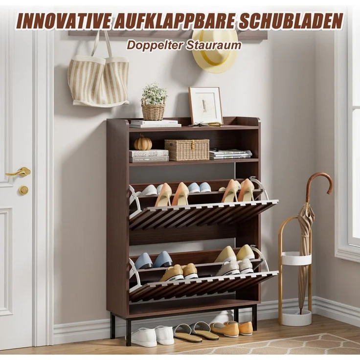 UEV Schuhschrank mit 2 Klappen Schuhregal Schukipper schmal platzsparend (Modern Schuhaufbewahrung mit Oberplatte Platzsparend, Anti-Kipp-Vorrichtung für Eingangsbereich Flur Diele) verstellbare Trennwand für verschiedene Schuhtypen – Bild 4