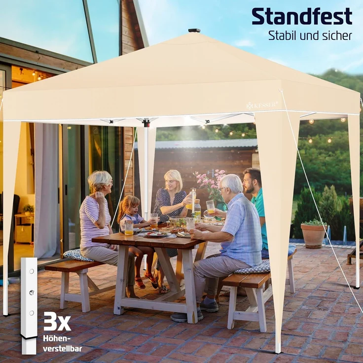 KESSER® Faltpavillon mit Tasche und Beleuchtung, wasserdicht und UV-Schutz 50+, Metall / Polyester beige, 300x300 cm – Bild 4