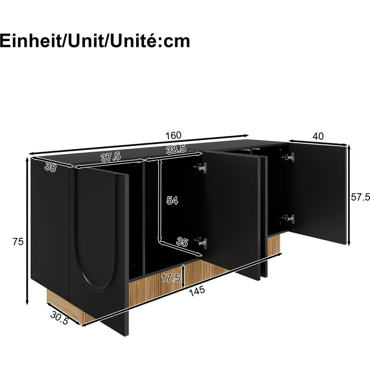 DESVIAE Sideboard mit 4 Türen und U-Relief 160x75x38 cm Spanplatte Schwarz-Holzoptik – Bild 10