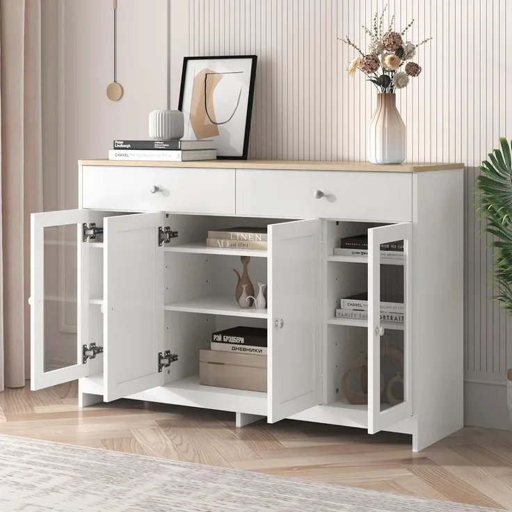FurnitureR Sideboard mit weißer Holzmaserung, Vier Türen, mit Zwei Schubladen, Tür mit Glas. Wohnzimmer, Esszimmer. Holzfarbe und Weiß