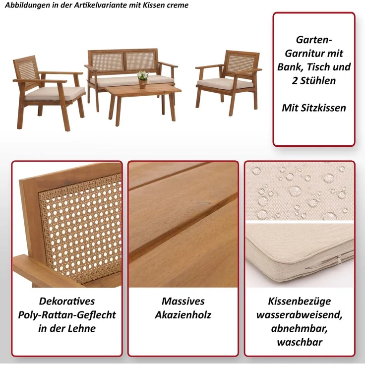 Garten-Garnitur HWC-N46, Lounge-Set Gartenlounge Bank Sessel Tisch, Holz Akazie MVG-zertifiziert ~ Kissen grau – Bild 2