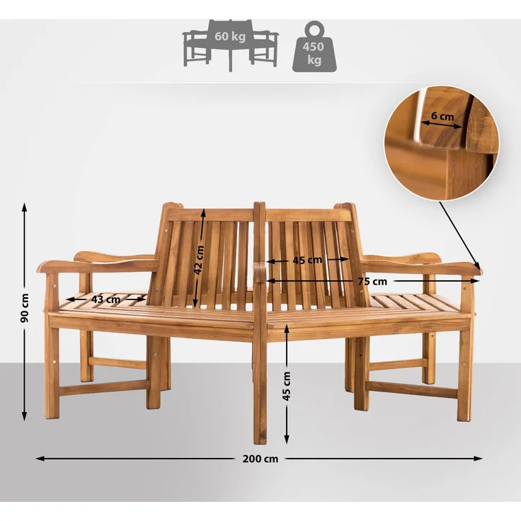 Baumbank NEBEL - Holz Teak 200x200x90 cm | Kreisrunde Sitzbank Mit Lehne Baumbank Gartenbank Für Baum – Bild 2