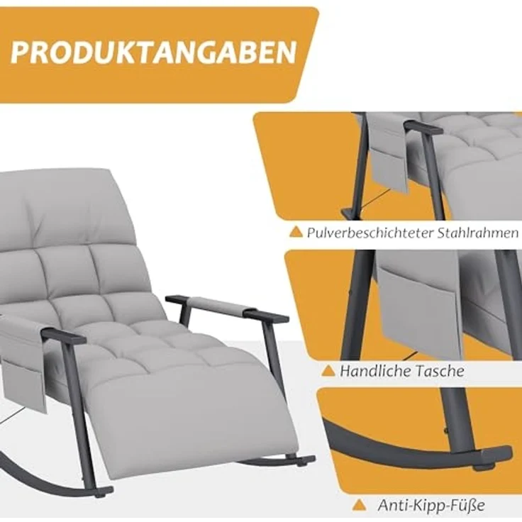 HOMCOM Schaukelstuhl mit verstellbarer Rückenlehne und Fußstütze (Schaukelsessel, 1 St), für Wohnzimmer, Schlafzimmer, Grau – Bild 6