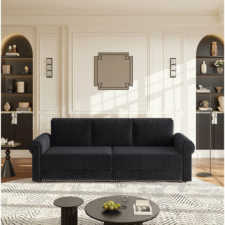 Schlafsofa, Samt, 3-in-1 ausziehbar, 238x90x98 cm, Schwarz – Bild 4
