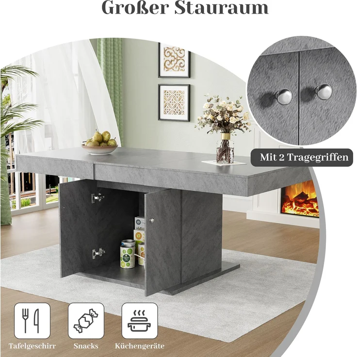 Ausziehbarer Esstisch 140/180x80x76 cm, Betonoptik Grau, mit Stauraum – Bild 7