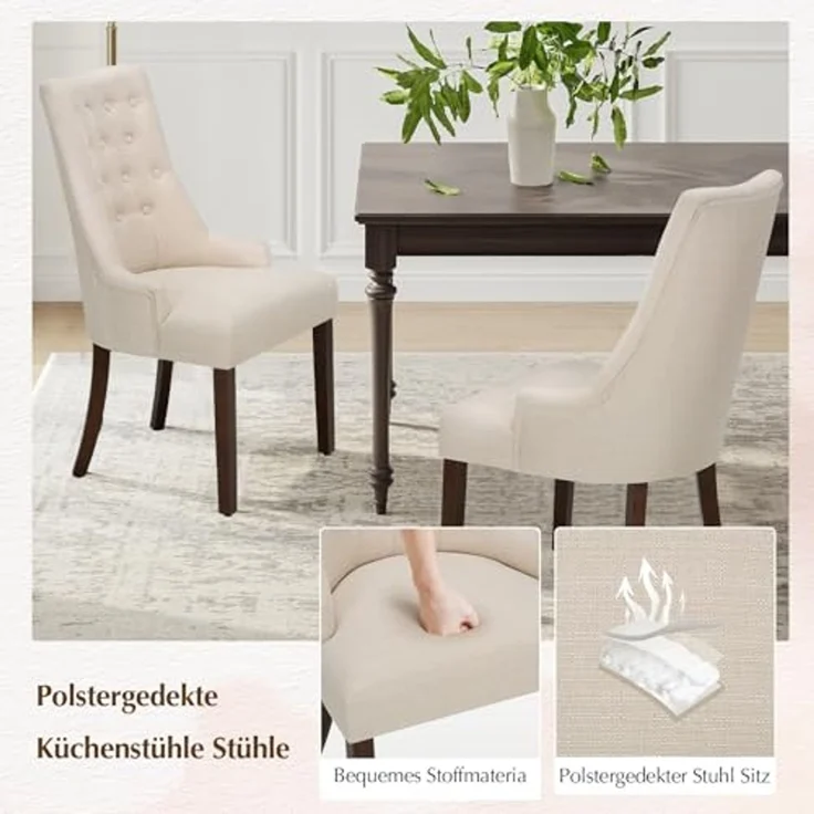 COLAMY Esszimmerstühle 2er Set, Moderne Küchenstuhl Gepolsterte Esszimmerstühle im Wingback, Polsterstuhl Wohnzimmerstuhl mit Knopfsteppung für Esszimmer, Küche, Restaurant mit Holzbeinen, Beige – Bild 6