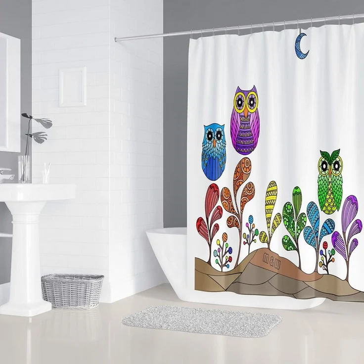M&W DAS DESIGN Duschvorhang 180x200 Shower curtains Anti schimmel Waschbar Eule bunt – Bild 4