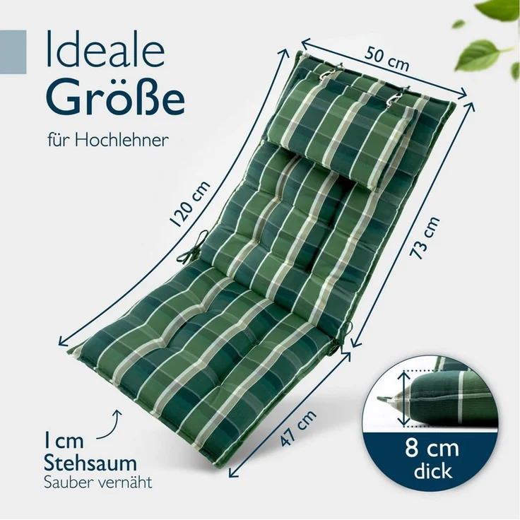 Beautissu Hochlehnerauflage Premium Hochlehner Auflage Kopfpolster Sun Sun-HL, 120x50cm, Grün, Mit Kopfpolster, rutschfest & robust – Befestigungsbänder, UV 5 – Bild 2