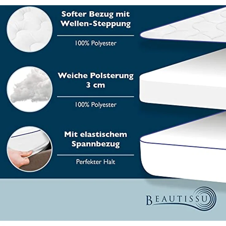 Beautissu BeauNuit MT Base, Komfortschaum Matratzenschoner, 3 cm Druckentlastung, waschbar bis 60°C, für Matratzen bis 40 cm Höhe – Bild 3