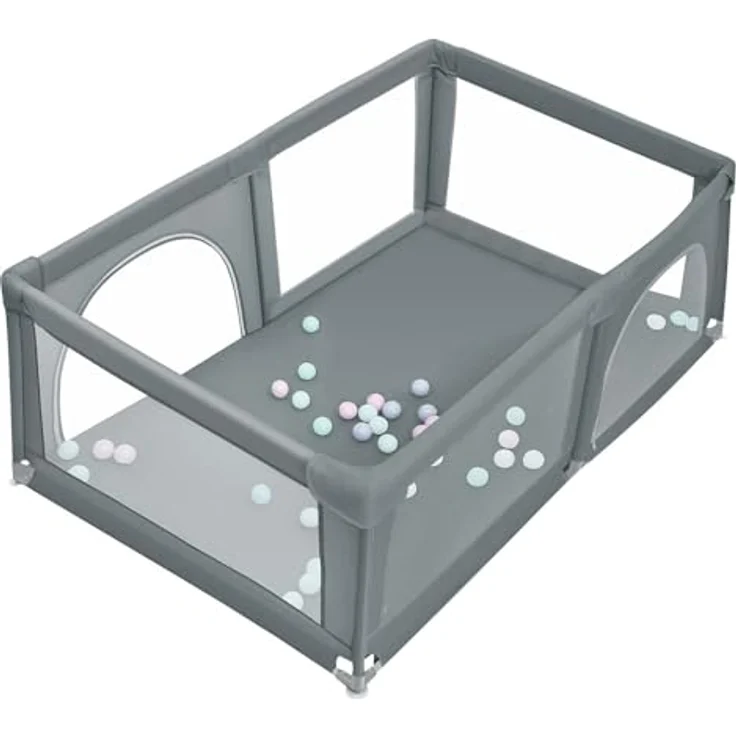 Baby Laufstall, Laufgitter mit atmungsaktivem Netz und Reißverschluss, Krabbelgitter 2 Türen, Laufgitterzelt für Säuglinge und Kleinkinder-180 * 120 * 66 cm-dunkelgrau – Bild 2