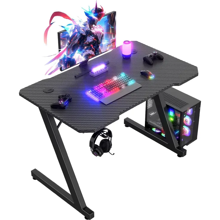 JUMMICO JUMMCO Gaming-Tisch, Gaming-Tisch mit Kopfhörer-Haken, 2 professionelle Kabelführungslöcher, Tischplatte aus Kohlefaser, hochwertiges schwarzes Metallgestell 80x52 cm