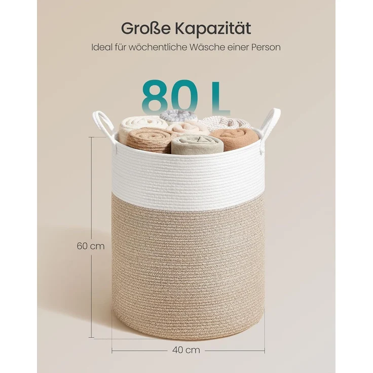 SONGMICS Wäschekorb, 80 L Wäschesammler für Kinder, Baumwollseil, mit Henkel, für Kinderzimmer, weiß-graubraun – Bild 5