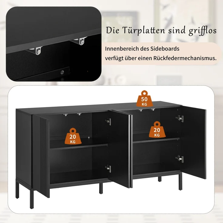 Merax Modernes Sideboard, Kommode, mit einzigartiger Linie, 4-türig, grifflose Tür, für Esszimmer, Wohnzimmer und Küche (Schwarz) – Bild 7