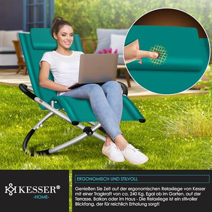 KESSER® Relaxliege Liegestuhl | Gartenliege Sonnenliege | Gartenstuhl | Klappstuhl faltbar | Schwungliege | Schaukelsessel | ergonomische Relaxsessel | wetterfest | 180 kg Belastung, Petrol Grün – Bild 4