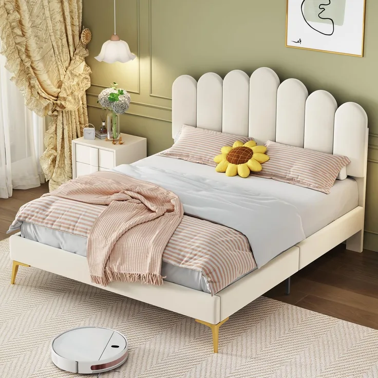 Ball & Cast Polsterbett (140x200 cm) mit Blumenförmiger Kopfteil, Hautfreundlicher Samt, Einfach & Zeitsparend Montierbar, Beige