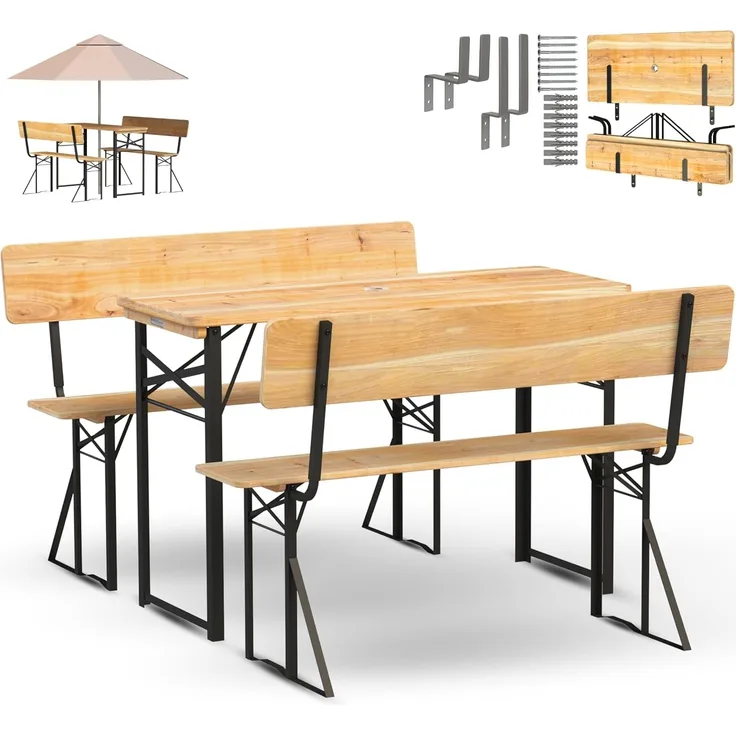 Holz4home Bierzeltgarnitur mit Sonnenschirmhalterung und Rückenlehne, 3-teilig, klappbar, Tannenholz natur, 117 x 45,5 x 75 cm