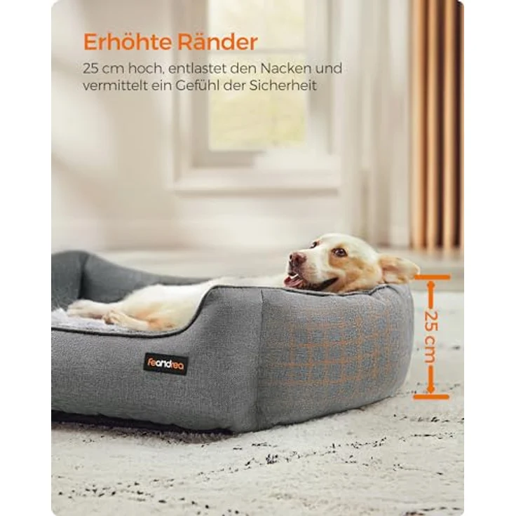 Feandrea Hundebett, Hundekissen in Leinenoptik, Hundekorb, erhöhte Ränder, rutschfeste Unterseite, Bezug abnehmbar waschbar, L, für mittelgroße Hunde, 90 x 75 x 25 cm, hellgrau PGW11GG – Bild 4