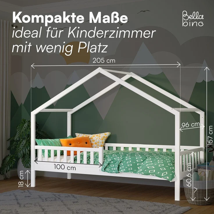 Bellabino 'Vils' Hausbett 90x200 cm, weiß, Kiefer Massivholz, Montessori Kinderbett mit Rausfallschutz und Lattenrost – Bild 7