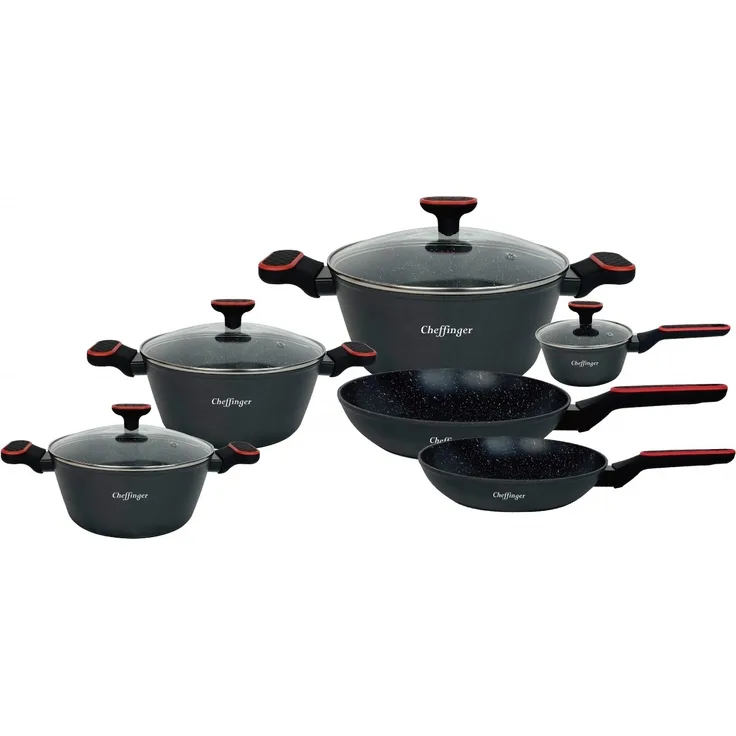 Kochtopf Kasserolle Bratpfannen Set 10-tlg schwarz + Deckel Cheffinger FA-2010B