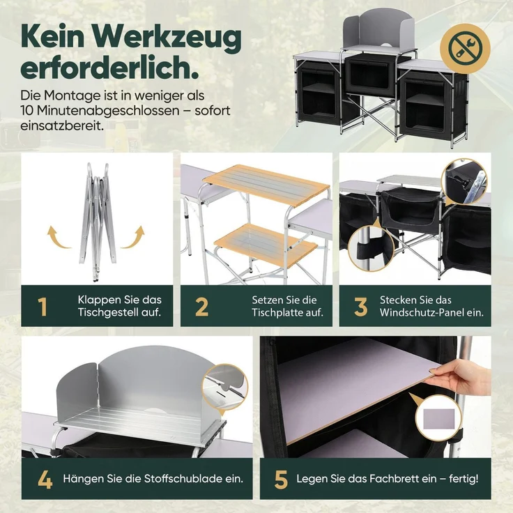 Sekey Campingschrank XXL Faltbar Campingküche mit Aluminiumgestell inkl. Windschutz und Tragetasche, Schwarz – Bild 6