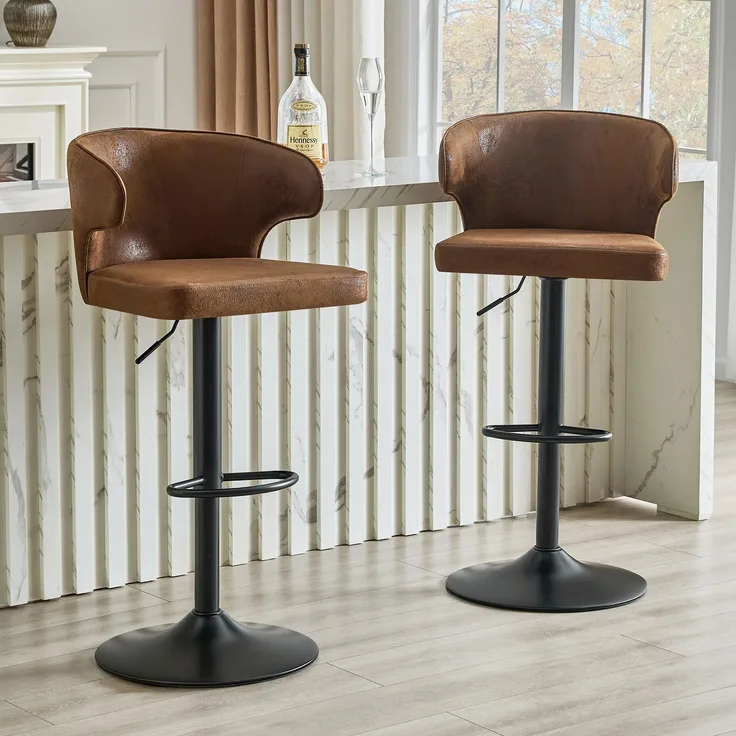 2er Set Barhocker mit Lehne Höhenverstellbar, 360° Drehbar Barstuhl mit Großem Sockel & Fußstütze, Modern Küchenhocker für Bar Küche Theke (Nur Stühle)--Braun--49.7x45x110cm--YOUDENOVA