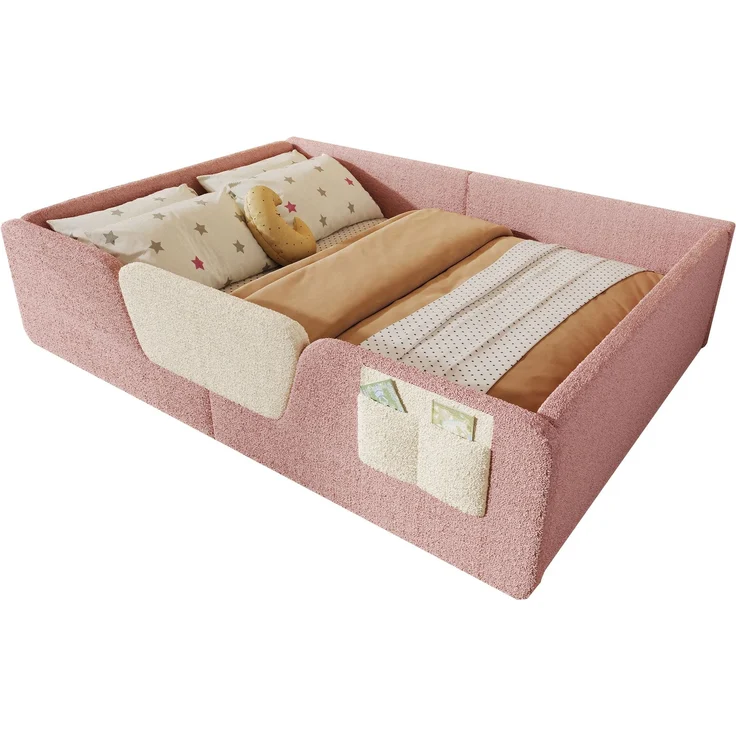 Polsterbett 140x190 cm aus Velours in Rosa mit abnehmbaren Seitengittern, ohne Matratze – Bild 7