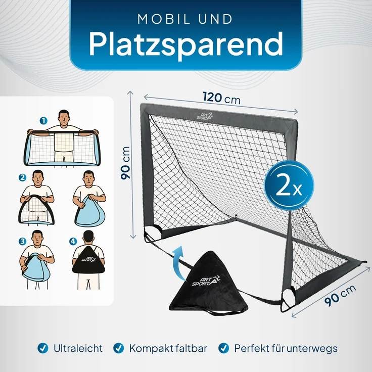ArtSport 'Goal Master' Pop-Up Fußballtor, 2er Set, mit Zubehör, Fiberglas-Gestell, 120x90 cm, Grau – Bild 4