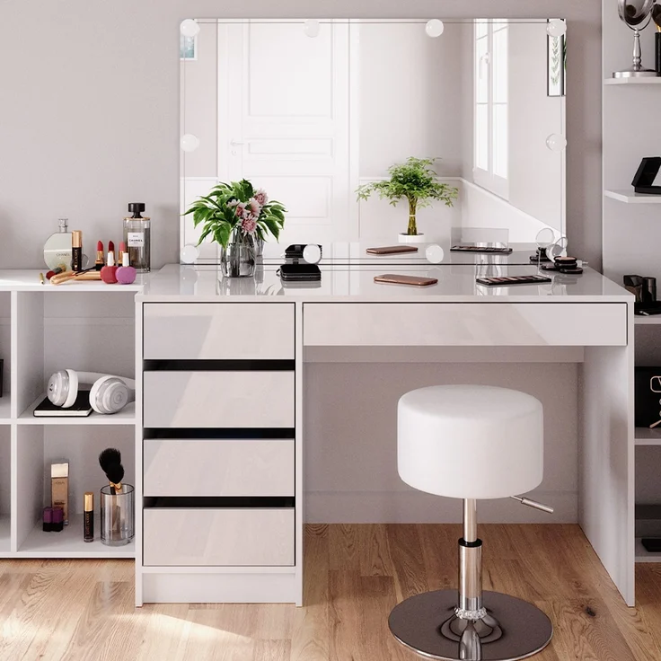 Schminktisch Sherry Weiß 5 Teile, mit Aufbewahrungsregal, Standregal, Spiegel, Hocker, LED Vicco – Bild 5